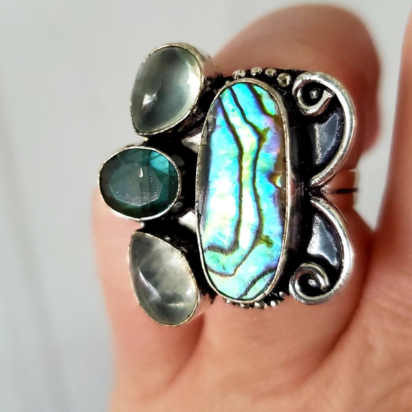 New Abalone Shell, Labradorite and Agate 925 Silver Ring. - Picture 6 of 8